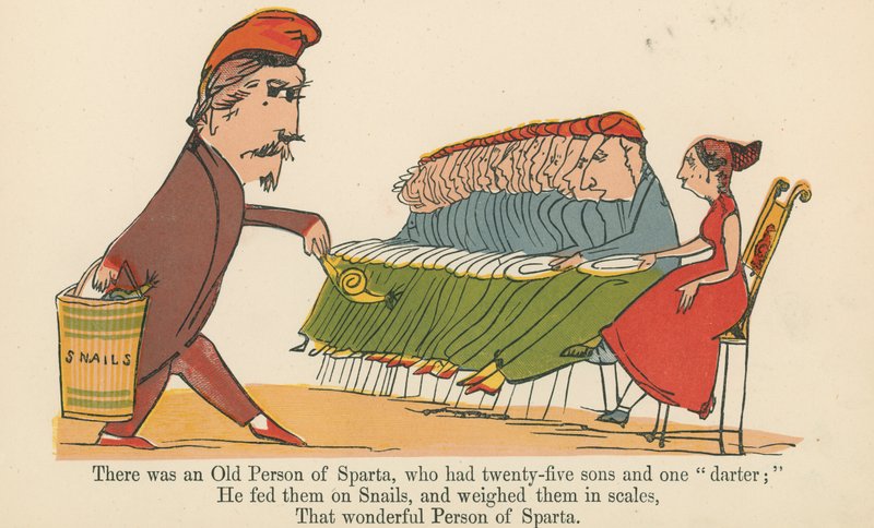 Volt egy spártai vén személy, akinek huszonöt fia és egy „nyárka” volt, az „A Book of Nonsense”-ből, amelyet Frederick Warne and Co. adott ki, London, 1875 körül. alkotó: Edward Lear