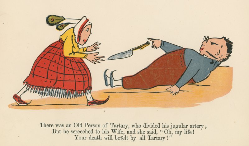 Volt egy régi tatári személy, aki kettészelte nyaki artériáját, az „A könyv a nonszensz”-ből, amelyet Frederick Warne and Co. adott ki, London, 1875 körül. alkotó: Edward Lear