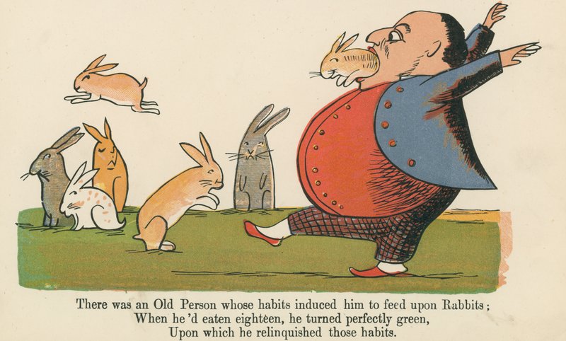 Volt egy öreg ember, akit szokásai késztették arra, hogy nyulakkal táplálkozzon, az „A Book of Nonsense”-ből, amelyet Frederick Warne and Co. adott ki, London, 1875 körül. alkotó: Edward Lear