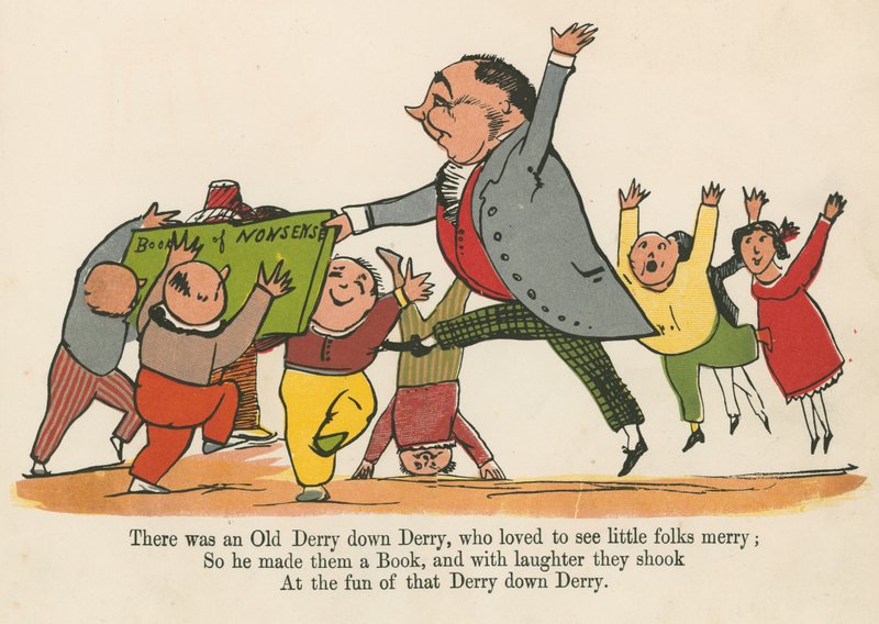 Volt egy régi Derry Down Derry, aki szerette látni a kisembereket vidáman, az „A Book of Nonsense”-ből, amelyet Frederick Warne and Co. adott ki, London, 1875 körül. alkotó: Edward Lear