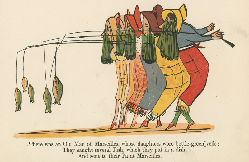 Volt egy marseille-i öregember, akinek a lányai üvegzöld fátylat viseltek, a Frederick Warne and Co. által kiadott "A Book of Nonsense"-ből, London, 1875 körül. alkotó: Edward Lear