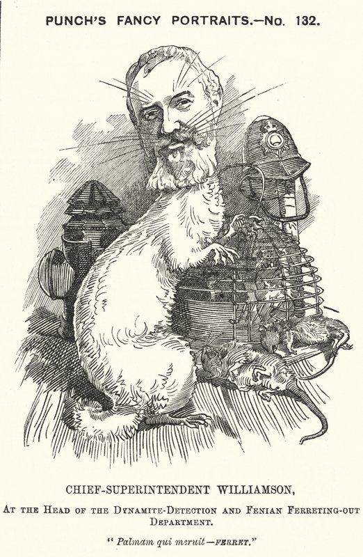 Punch rajzfilm: Adolphus Williamson brit rendőrtiszt és a Fővárosi Rendőrség nyomozói részlegének első vezetője (metszet) alkotó: Edward Linley (after) Sambourne