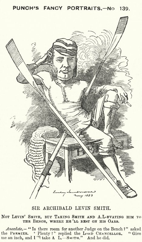 Punch rajzfilm: Archibald Levin Smith angol bíró és evezős, aki részt vett az egyetemi hajóversenyen és a Henley királyi regattán (metszet) alkotó: Edward Linley (after) Sambourne