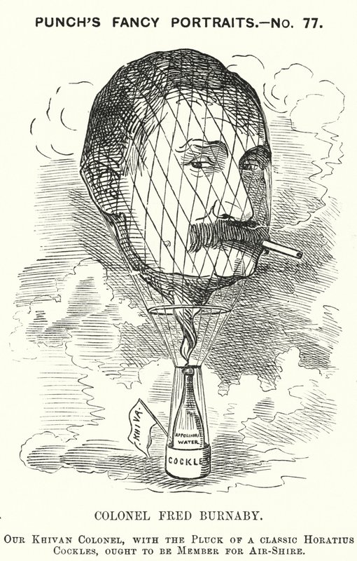 Punch rajzfilm: Frederick Burnaby, a brit hadsereg hírszerző tisztje és léggömbvezető (metszet) alkotó: Edward Linley (after) Sambourne