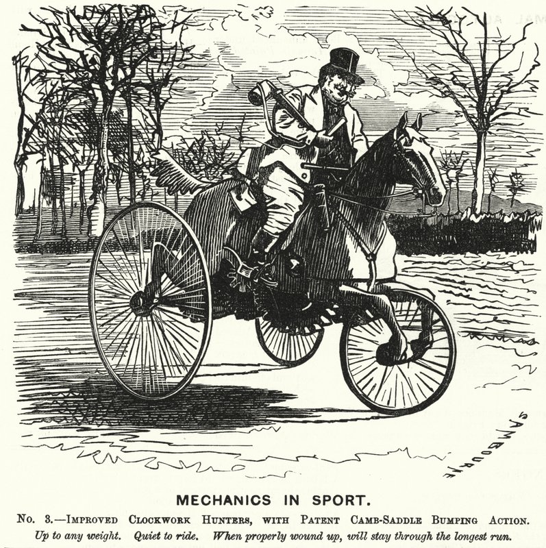 Punch rajzfilm: Mechanika a sportban. 3. sz. – Továbbfejlesztett Clockwork Hunters, szabadalmaztatott bütyök-nyereg ütközési akcióval (metszet) alkotó: Edward Linley (after) Sambourne