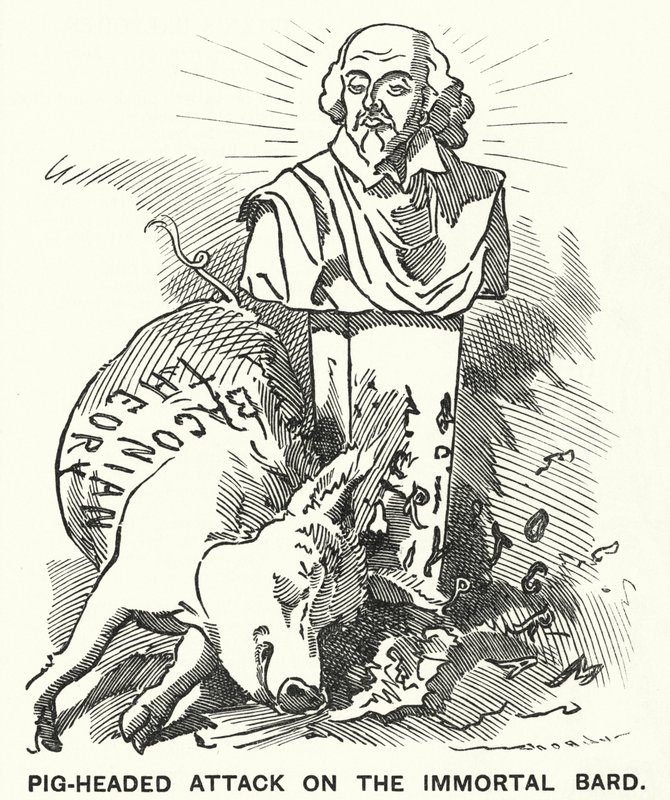 Punch rajzfilm: Disznófejű támadás a halhatatlan bárd ellen – az az elmélet, hogy William Shakespeare drámáit valójában Sir Francis Bacon írta (metszet) alkotó: Edward Linley (after) Sambourne