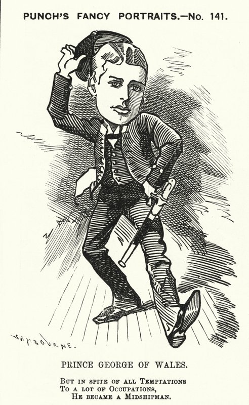 Punch rajzfilm: György walesi herceg, a leendő V. György király, a Királyi Haditengerészet középhajósaként (metszet) alkotó: Edward Linley (after) Sambourne