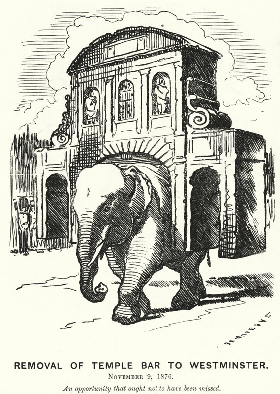 Punch rajzfilm: Temple Bar eltávolítása Westminsterbe (metszet) alkotó: Edward Linley (after) Sambourne