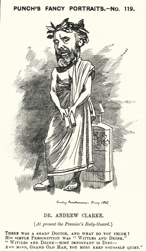 Punch rajzfilm: Sir Andrew Clarke brit orvos, William Ewart Gladstone orvosa (metszet) alkotó: Edward Linley (after) Sambourne