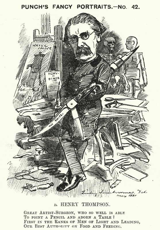 Lyukasztó rajzfilm: Sir Henry Thompson, angol sebész (metszet) alkotó: Edward Linley (after) Sambourne