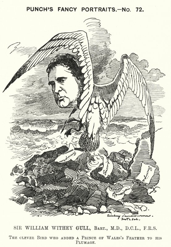 Punch rajzfilm: Sir William Withey Gull angol orvos, aki tífusz miatt kezelte a walesi herceget, és Viktória királynő rendes orvosa lett (metszet) alkotó: Edward Linley (after) Sambourne