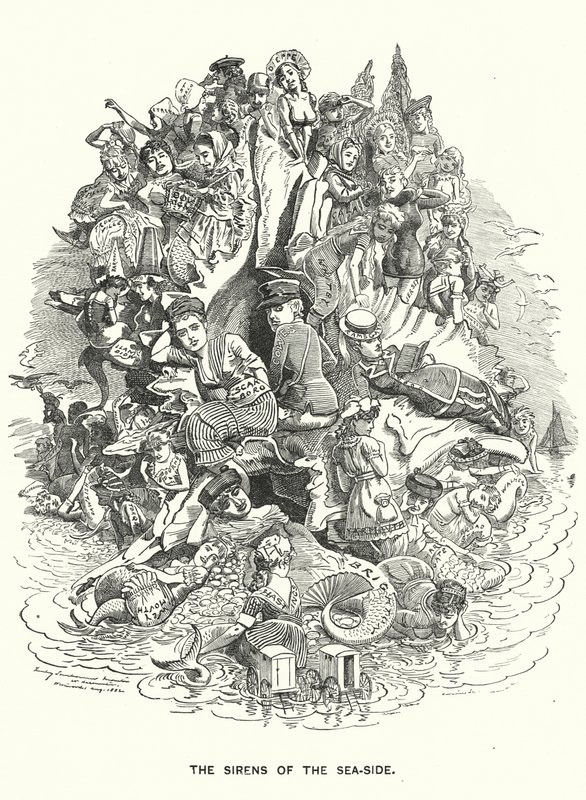 Punch rajzfilm: The Sirens of the Sea-Side - Brit tengerparti üdülőhelyek (metszet) alkotó: Edward Linley (after) Sambourne