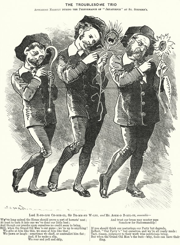 Punch rajzfilm: The Troublesome Trio: Lord Randolph Churchill, Henry Drummond Wolff és Ellis Ashmead-Bartlett, brit konzervatív politikusok (metszet) alkotó: Edward Linley (after) Sambourne