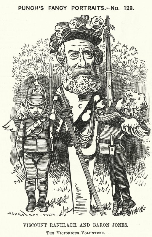 Punch rajzfilm: Thomas Heron Jones, Ranelagh 7. vikomt és Baron Jones of Navan, a brit hadsereg önkéntes mozgalmának támogatója (metszet) alkotó: Edward Linley (after) Sambourne