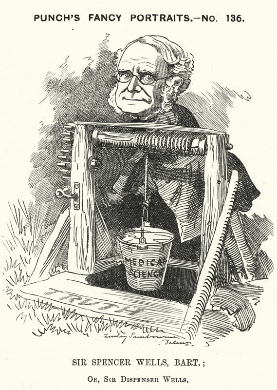 Punch rajzfilm: Thomas Spencer Wells angol orvos, Viktória királynő sebésze (metszet) alkotó: Edward Linley (after) Sambourne