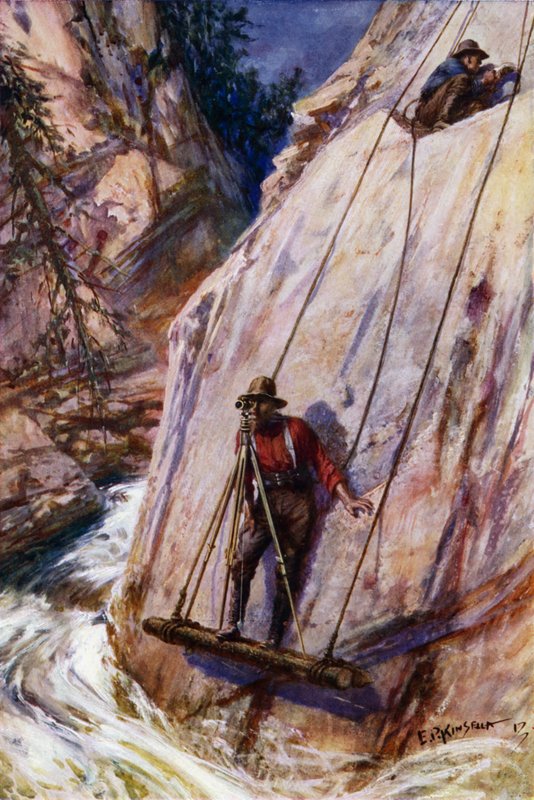 Vasúti földmérők, akik bizonytalan munkát végeznek a hegyi vasút nyomvonalán (színes litho) alkotó: Edward Parick Kinsella