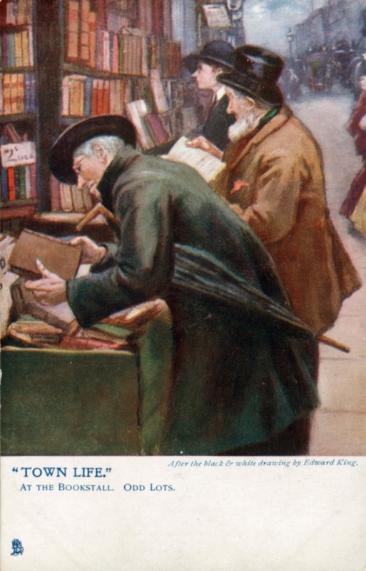 Városi élet: az ügyfelek egy könyves standnál böngészik (színes litho) alkotó: Edward R. King
