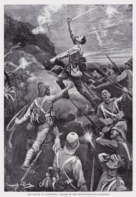 A stormbergi csata, a Northumberland Fusiliers (litho) parancsnoka alkotó: Edward Read