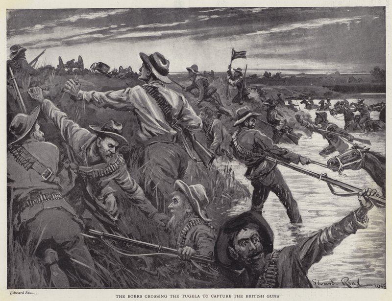 A búrok átkelnek a Tugelán, hogy elfoglalják a brit fegyvereket (litho) alkotó: Edward Read