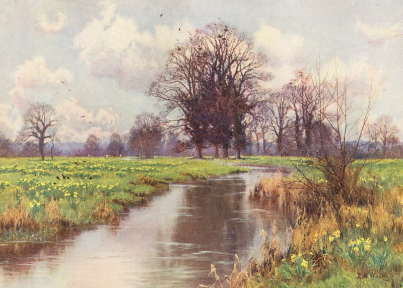 Tehertől mentes ez a vidám kis folyó, és sem gát, sem malom nem zárja el gyors útját a tenger felé (színes litográfia). alkotó: Edward Wilkins Waite