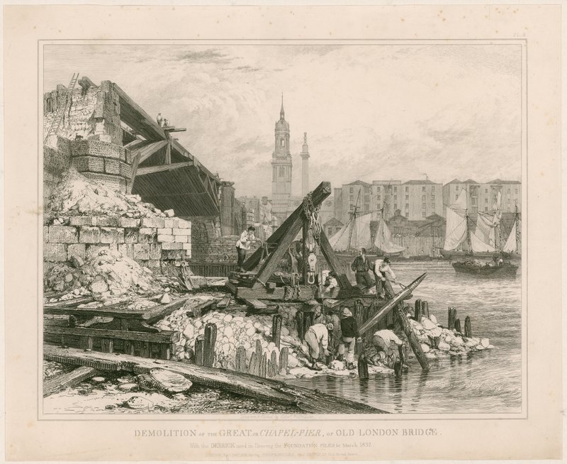 Az Old London Bridge egy részének lebontása. 1832. március alkotó: Edward William Cooke