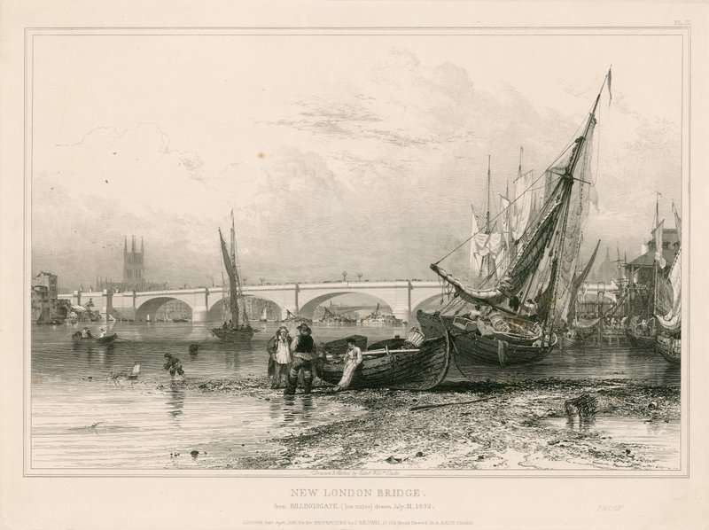 New London Bridge, a Billingsgate felől (alacsony vízállásnál) rajzolva 1832. július 31. alkotó: Edward William Cooke