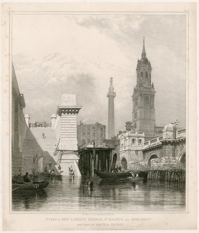 A New London Bridge lépcsői, a Szent Magnus, az emlékmű és a régi híd egy része. alkotó: Edward William Cooke