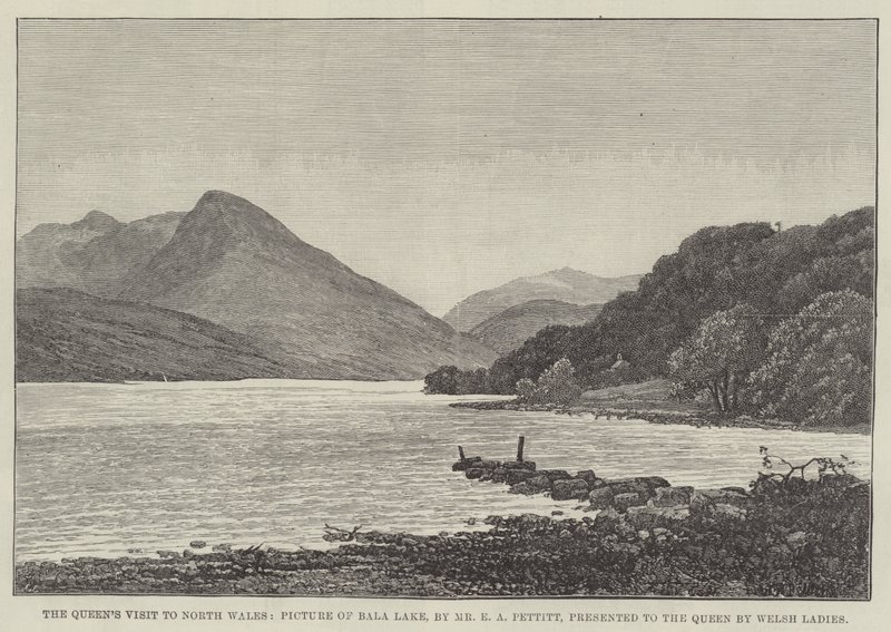 A királynő észak-walesi látogatása, a Bala-tó képe, amelyet walesi hölgyek mutattak be a királynőnek alkotó: Edwin Pettitt