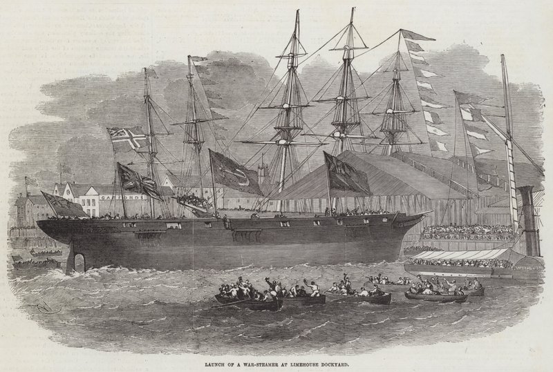 Egy háborús gőzhajó felbocsátása a Limehouse Dockyardban alkotó: Edwin Weedon