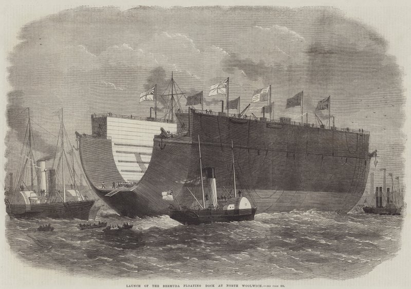 A Bermuda úszódokk felbocsátása North Woolwichban alkotó: Edwin Weedon
