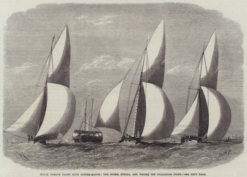 Royal London Yacht Club Cutter-Match, a Niobe, a Sphinx és a Vindex a Coalhouse Point előtt. alkotó: Edwin Weedon