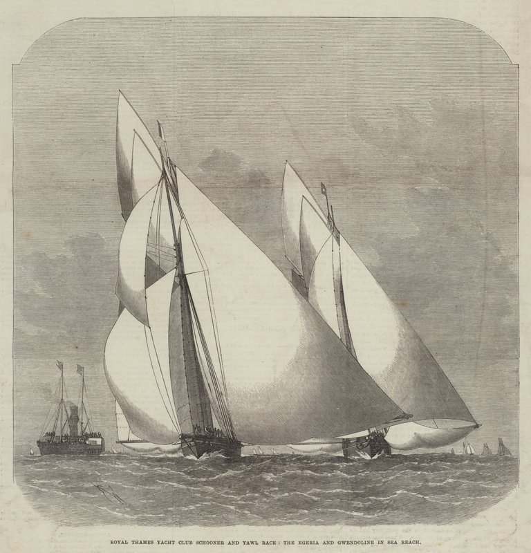 Royal Thames Yacht Club Schooner és Yawl Race, az Egeria és a Gwendoline a Sea Reach-ben alkotó: Edwin Weedon