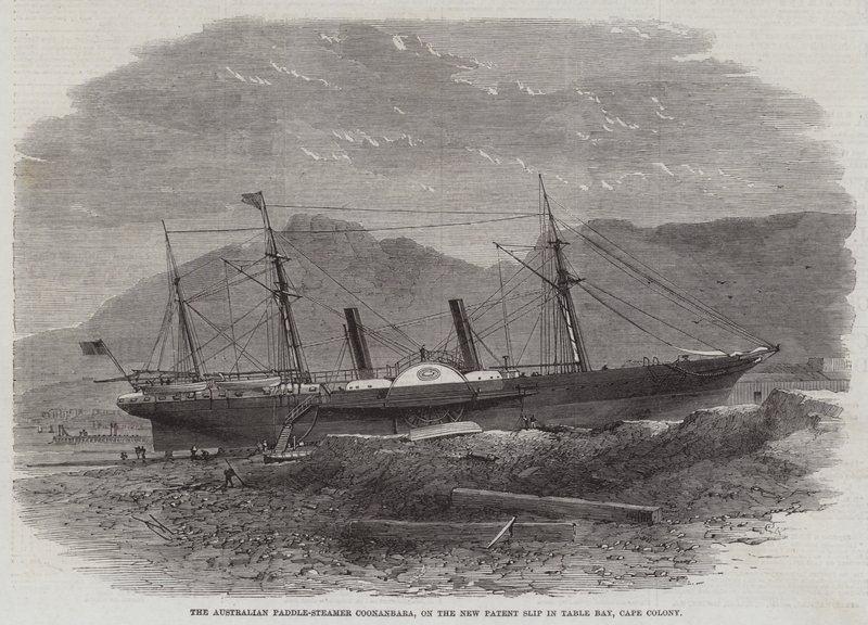Az ausztrál Coonanbara lapátos gőzhajó a Table Bay új szabadalmi csúszdáján, Cape Colony alkotó: Edwin Weedon