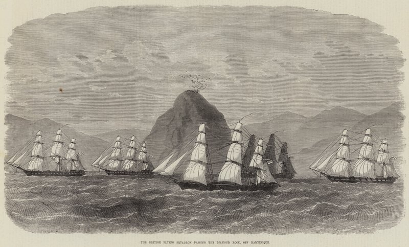 A British Flying Squadron elhalad a Diamond Rock mellett, Martinique mellett alkotó: Edwin Weedon