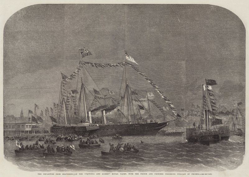 A Victoria and Albert Royal Yacht Gravesendből indulása Frigyes Vilmos porosz herceggel és hercegnővel alkotó: Edwin Weedon