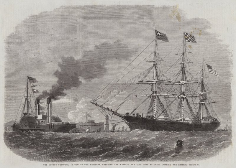 George Griswold a Tow of the Resolute-ban, belép a Mersey-be, a Sziklaerődbe tiszteleg, megmártja a zászlót alkotó: Edwin Weedon