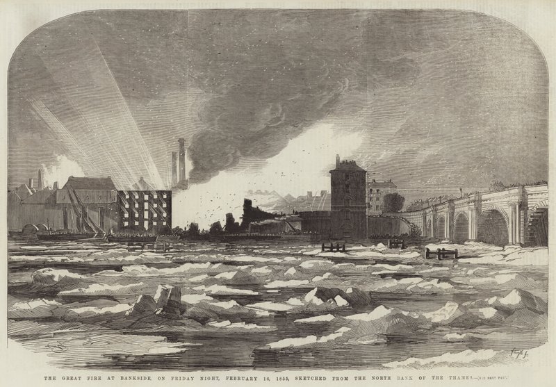 A bankside-i nagy tűzvész 1855. február 16-án, péntek este, a Temze északi partjáról alkotó: Edwin Weedon