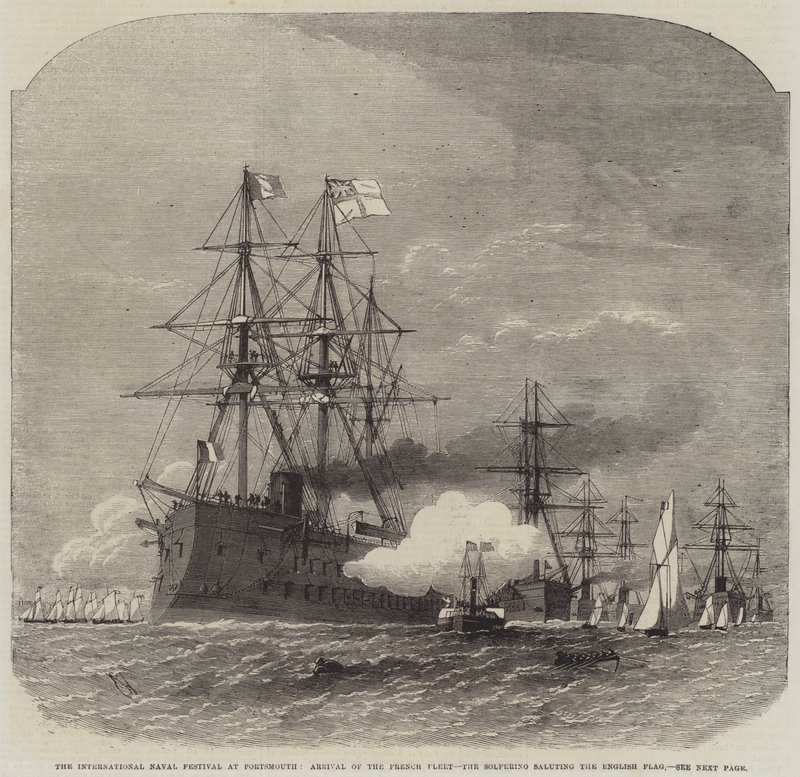 Nemzetközi Tengerészeti Fesztivál Portsmouthban, a francia flotta érkezése, a Solferino tiszteleg az angol zászló előtt. alkotó: Edwin Weedon