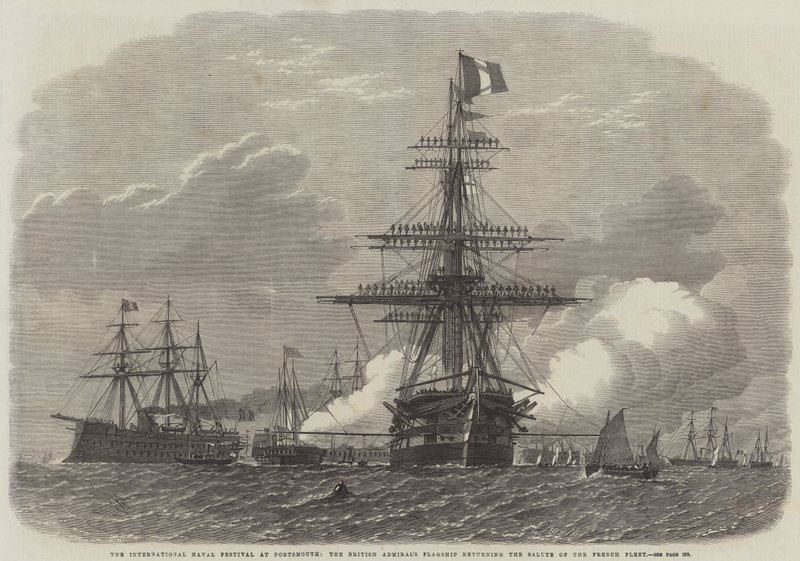 Nemzetközi Haditengerészeti Fesztivál Portsmouthban, a brit admirális zászlóshajója viszonozza a francia flotta tiszteletét alkotó: Edwin Weedon