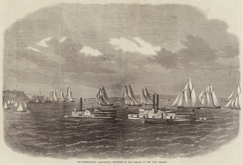 Az International Yacht-Match, visszatérés a New York-i kikötőbe, Narrowsba alkotó: Edwin Weedon