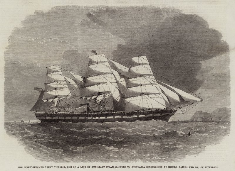 The Screw-Steamer Great Victoria, az egyik a Liverpool-i Messers Baines and Company által létrehozott Ausztráliába tartó segédgőzvágó gépsor egyike. alkotó: Edwin Weedon