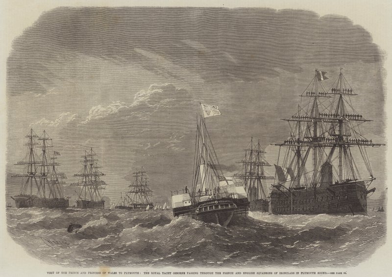 A walesi herceg és hercegnő látogatása Plymouthban, az Osborne királyi jacht áthalad a francia és angol vashajószázadok között a Plymouth Soundban. alkotó: Edwin Weedon