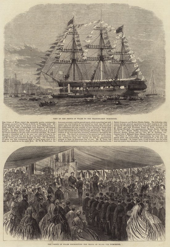 A walesi herceg és hercegnő látogatása a Worcester kiképzőhajón alkotó: Edwin Weedon