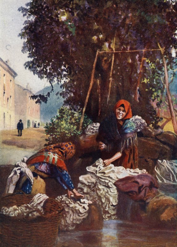 Korzika: ágyneműt mosó nő (színes litho) alkotó: Edwin Arthur Norbury
