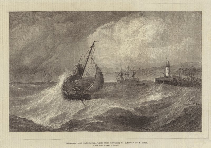 Frissítő Gale, Scarborough, Horgászhajók visszatérnek a kikötőbe, a Királyi Akadémia kiállításán alkotó: Edwin Hayes