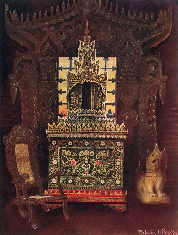 Ázsiai bútorok Lord Curzon of Kedleston gyűjteményéből, G.C.S.I., D.C.L. stb. Burmai faragott és aranyozott ajtónyílás Mandalay-ből. Buddhista kéziratos doboz (Poongyi) és szentély (Sadaik) Wood E alkotó: Edwin John Foley