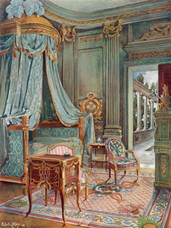Faragott és aranyozott drapériás kupolás ágy. Bureau-Toilette (vagy Petit Secretaire) Marqueterie-ben. Cartonnier zöld lakk színben alkotó: Edwin John Foley
