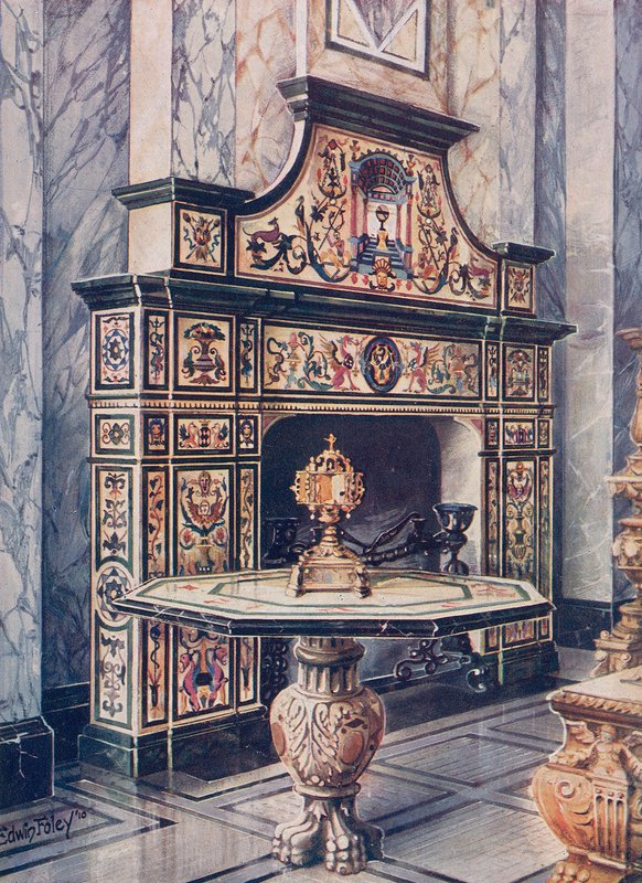 Színes mozaik kéménydarab. Firenzei. Színes mozaik asztal. firenzei alkotó: Edwin John Foley