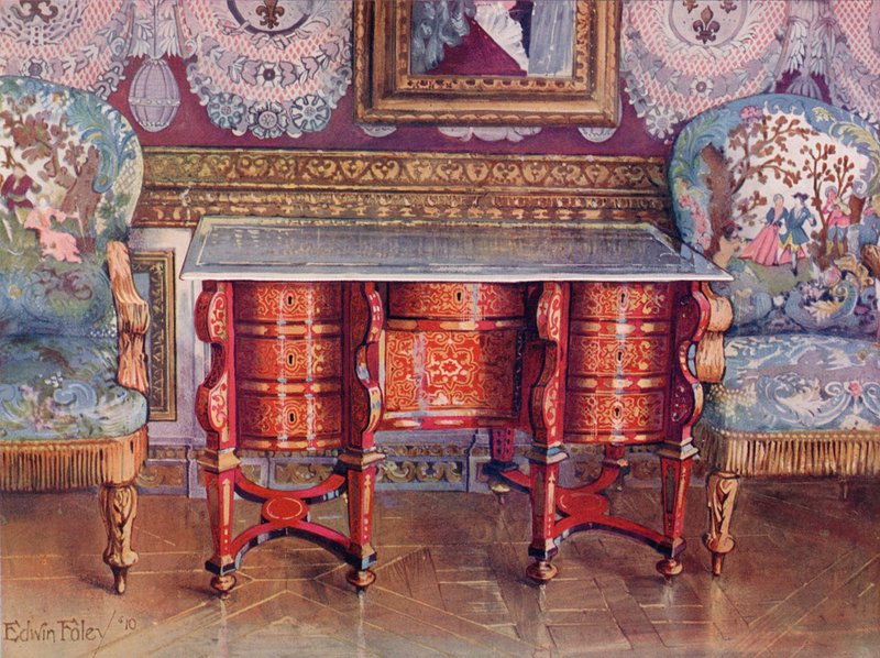 Térdnyílásos íróasztal vörös teknősbőrből és acél lakkozott asztallappal. Boulle. Aranyozott fauteuils, kárpitozott gobelinnel. alkotó: Edwin John Foley