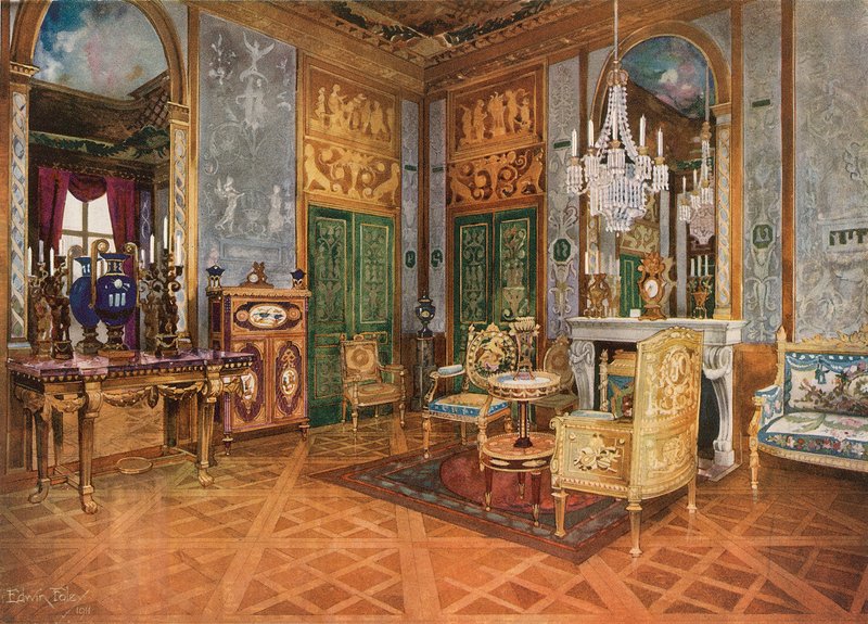 Marie Antoinette királynő zenei szalonja, Fontainebleau-i palota, Franciaország. Faragott és aranyozott konzol. Aranyozott kanapé Beauvais gobelinből. Asztal, Ormolu szerelt és Sevres plakettekkel. Kabin betét alkotó: Edwin John Foley